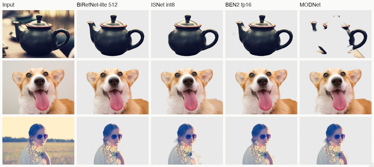A grid of three photos (a black teapot, a corgi, a woman holding white flowers) and the cut-outs from four models on a checkerboard. MODNet breaks the teapot into fragments; the other results look broadly similar at this size.